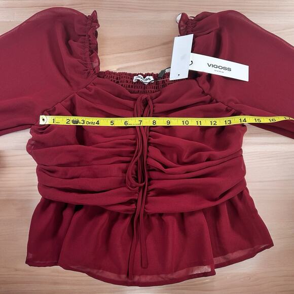 Vigoss Ruffle Chiffon Top Size Large Cherry Red Peplum Rushing Smocked Sheer - Picture 11 of 12